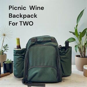 Green Picnic Wine Backpack for Two Complete Dining Set Bottle Holders Unisex